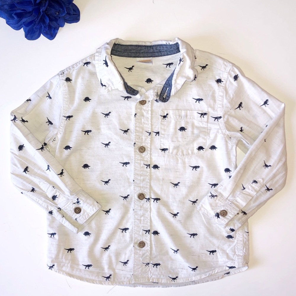 GYMBOREE 3T LONG SLEEVE BUTTON DOWN OFF WHITE DINO